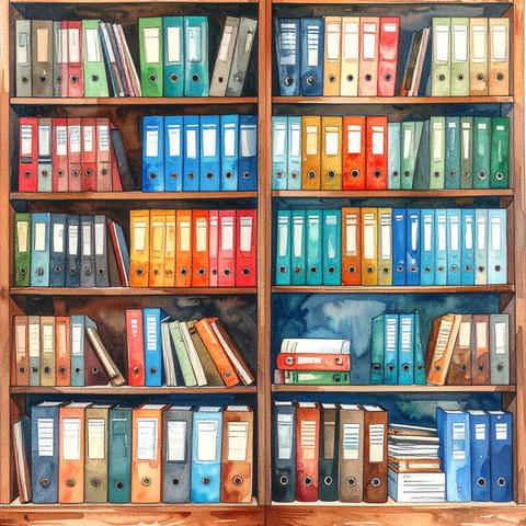 An illustration of a bookcase filled with different colored binders and documents. 
