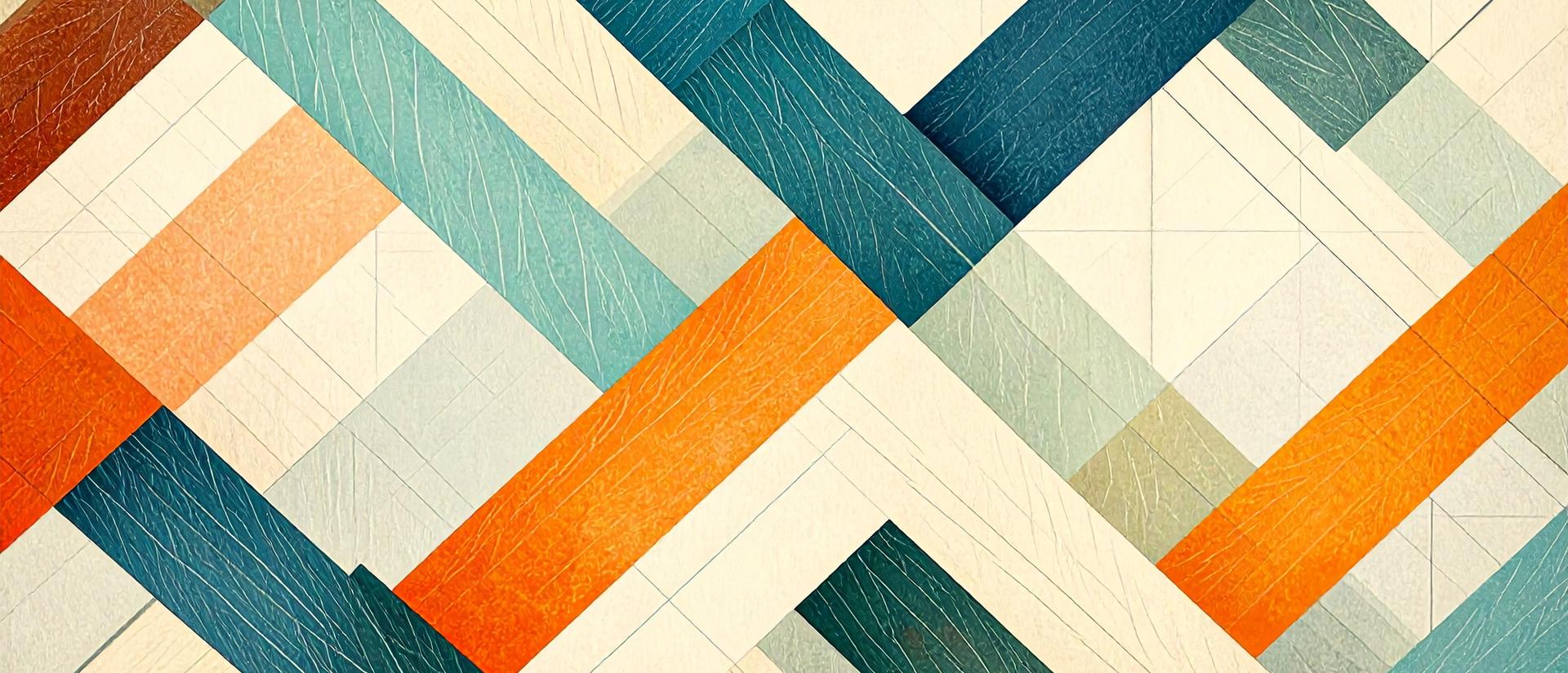 Abstract artwork of interwoven diagonal bands in teal, orange, cream, and brown, forming a quilt-like geometric pattern.