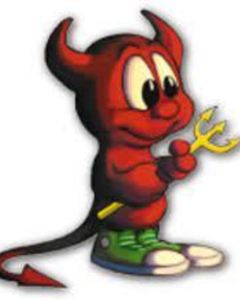 a cartoon devil wearing sneakers and holding a pitchfork