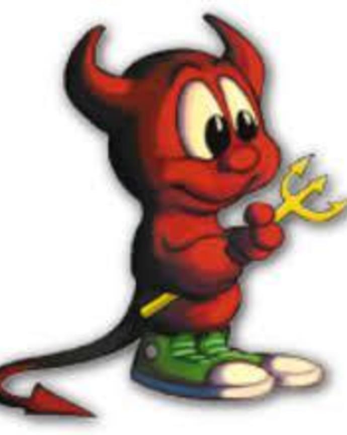 a cartoon devil wearing sneakers and holding a pitchfork